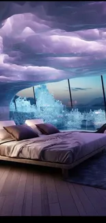 Dreamy bedroom with cosmic sky and purple tones creates a soothing atmosphere.