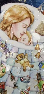 Mother and child sleeping surrounded by toys under a starry sky.