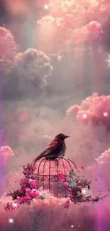 Mystical bird on cage among pink clouds wallpaper.