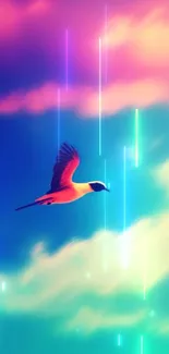 Bird flies in a vibrant, colorful sky with dreamy pink and blue hues.