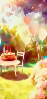 Whimsical outdoor birthday scene with balloons and a cake.