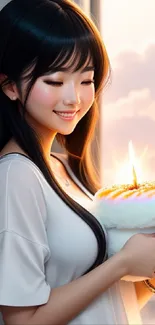 Woman with lit candle cake against sunset in mobile wallpaper.