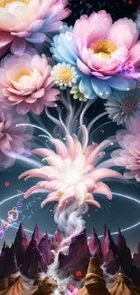 A mystical scene with cosmic flowers blooming over a fantasy landscape.