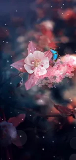 Dreamy wallpaper with pink flower and blue butterfly in focus.