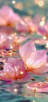 Pink blossoms reflecting on water with soft lighting.