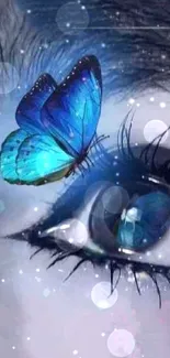 A blue butterfly resting on an eye with a surreal, dreamy effect.