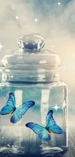 Blue butterflies in a glass jar with a dreamy sky background.