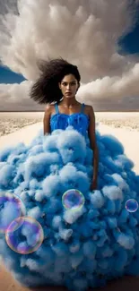 Woman in a blue fluffy dress in a desert under dramatic clouds.