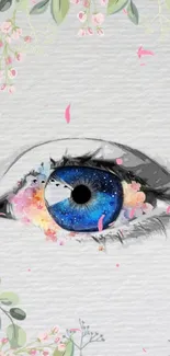 Blue eye with floral accents on a textured white background.