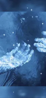 Ethereal hands in shimmering blue water with stars on mobile wallpaper.