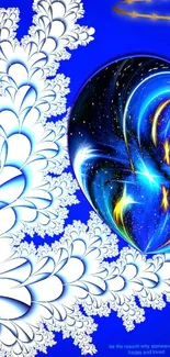 Vibrant blue heart with white floral design wallpaper.