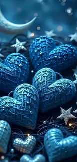 Dreamy blue hearts with stars and moon in a serene night setting.