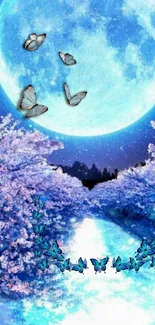 Butterflies flutter beneath a glowing blue moon over a serene river scene.