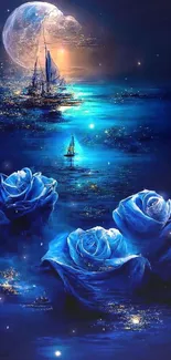 Mystical blue roses and sailboats under a moonlit sky on the ocean.