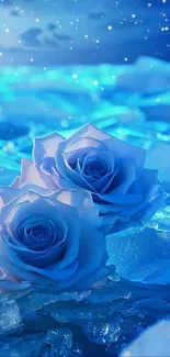 Dreamy blue roses with icy crystals on mobile wallpaper.