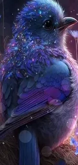 Mystical bluebird with vibrant colors in a fantasy setting.