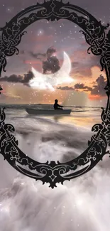 Silhouetted boat at twilight with intricate frame in dreamy ocean scene.