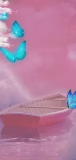 A dreamy boat scene with pink clouds and blue butterflies.