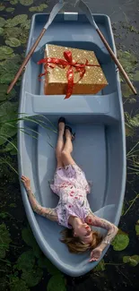 Woman relaxing in a boat with gift