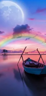 Serene boat under moonlit sky and rainbow.