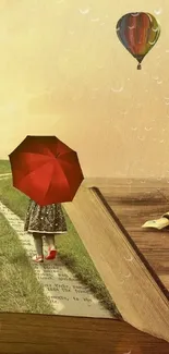 Whimsical scene with child under red umbrella and hot air balloon.