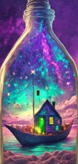 Surreal artwork of a house in a bottle under a colorful starry sky.