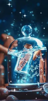 A magical bottle with a love message, glowing with stars.