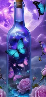 Surreal wallpaper of butterflies around a glowing bottle with a purple night sky.