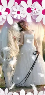 Bride in white with a horse, surrounded by pink floral accents.