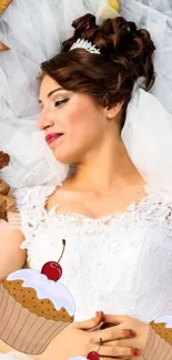 Bride in white dress with cupcake illustrations and autumn leaves.