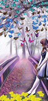 Illustrated scene of girl on bridge with butterflies overhead and flowers nearby.