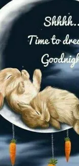 Adorable bunny sleeping on crescent moon with dangling carrots, bedtime wallpaper.