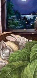 Bunnies sleeping under moonlit sky with fireflies glowing around them.