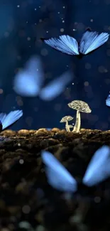 Blue butterflies hover over glowing mushrooms at night.