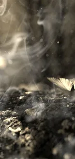 Ethereal butterflies in smoke on a dark textured background.