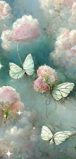 Mobile wallpaper with butterflies in a pastel cloudscape.