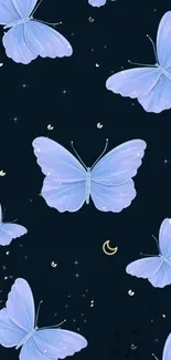 Dreamy blue butterflies under a starry night sky.