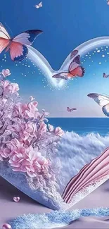 Dreamy scene of butterflies and flowers on a beach with a heart shape.