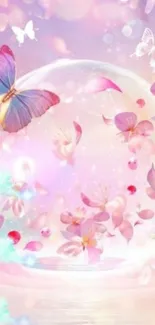 Dreamy butterfly and blossoms mobile wallpaper with pink tones.