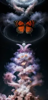 A vibrant butterfly among swirling, ethereal clouds on a dark background.