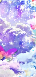 Vibrant butterfly and cloud wallpaper with stars.