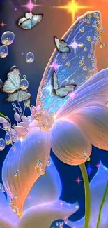 Sparkling butterflies fluttering over luminous petals in a whimsical, dreamy landscape.