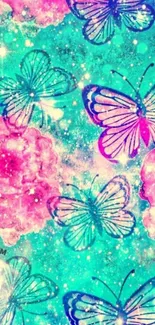 Colorful butterflies and floral mobile wallpaper with dreamy hues.