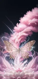 Beautiful pink butterfly on floral fantasy background.