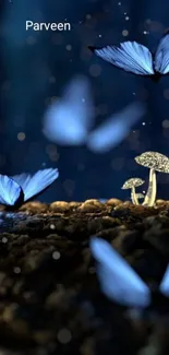 Blue butterflies flutter near glowing mushrooms in a mystical scene.