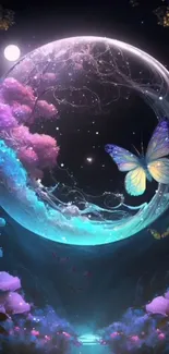 Fantasy wallpaper with butterfly and glowing orb under moonlight.