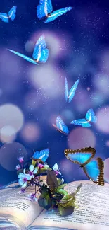 Blue butterflies flying over an open book.