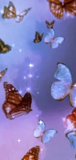 Dreamy wallpaper with butterflies and sparkles in purple sky.