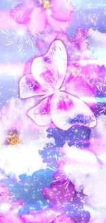 Pink butterfly on purple and white flowers with lavender background.