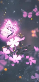 Dreamy wallpaper with glowing butterflies and flowers in a mystical setting.